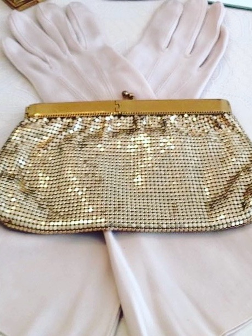 Vintage Whiting & Davis Gold Mesh Purse Gate Top Square Opening Clutch Bag